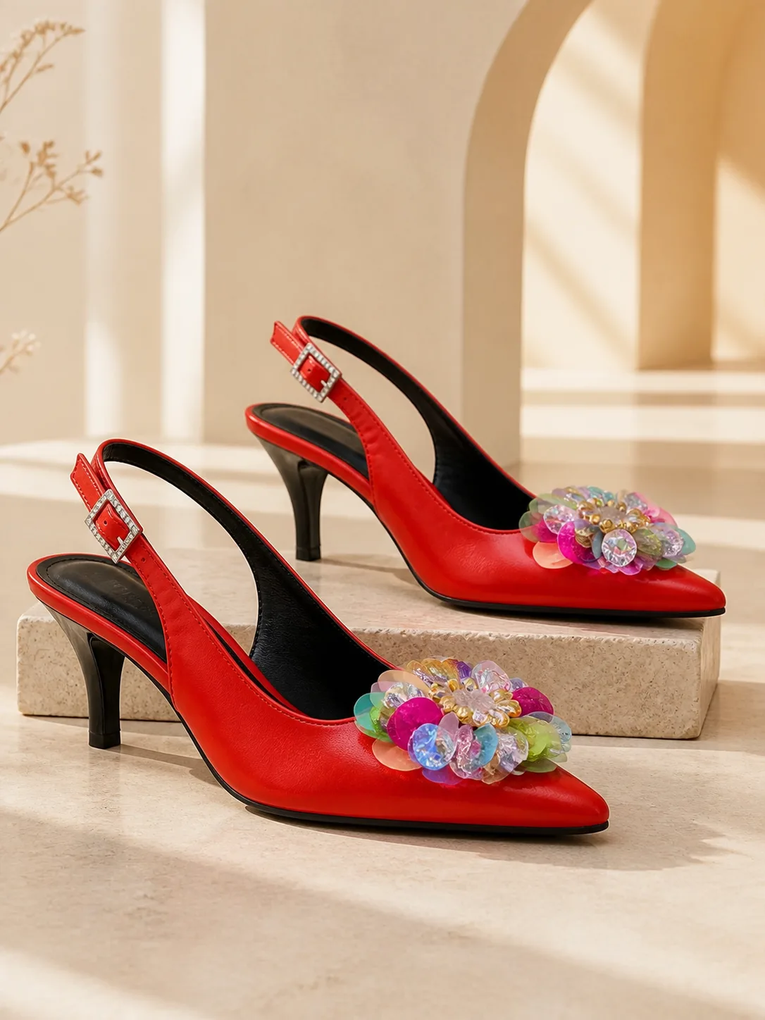 RED SEQUIN FLOWER SLINGBACK KITTEN HEELS PRODUCT287