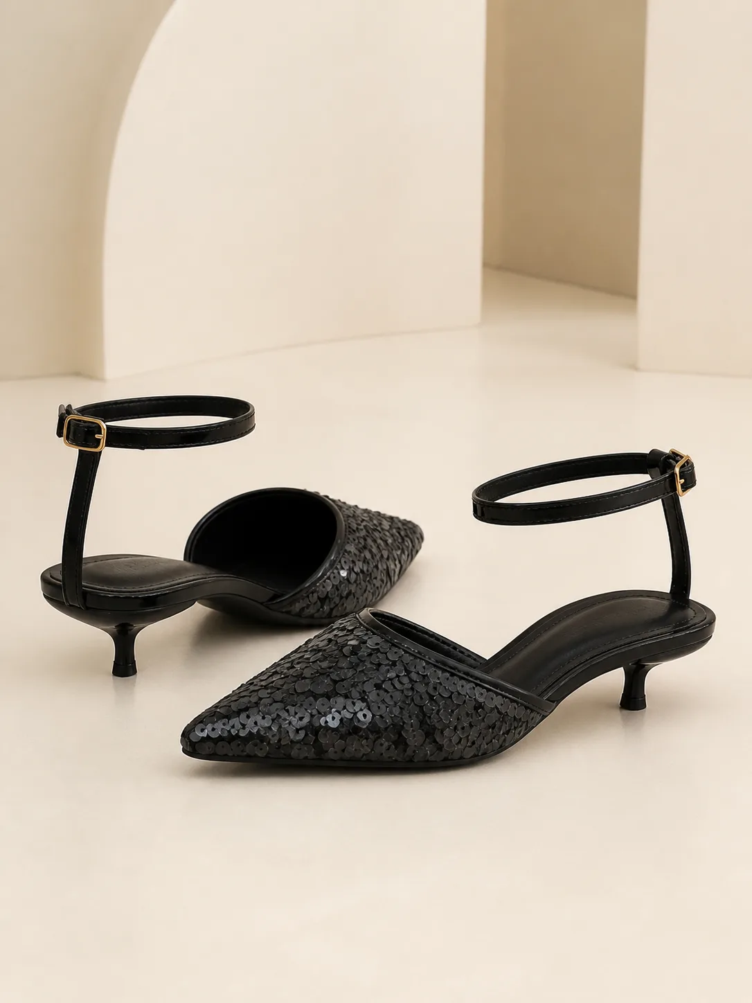 BLACK SEQUIN POINTED ANKLE STRAP HEELS PRODUCT153B
