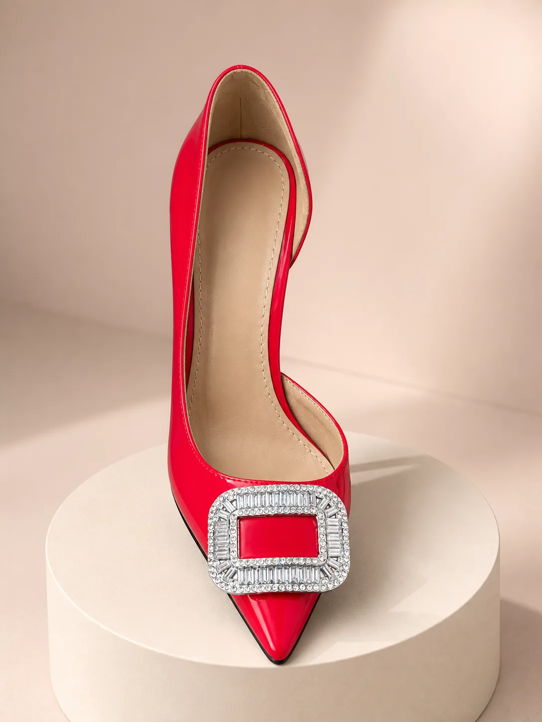 RED SATIN CRYSTAL BUCKLE POINTED PUMPS PRODUCT147