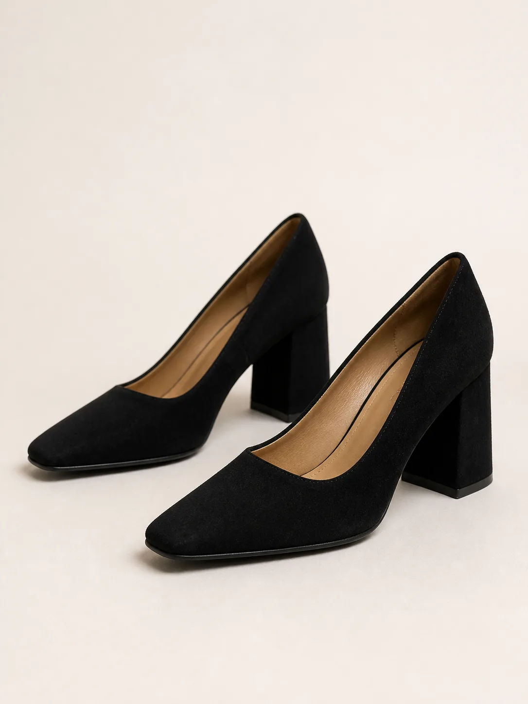 BLACK SUEDE SQUARE TOE BLOCK HEEL PUMPS PRODUCT35