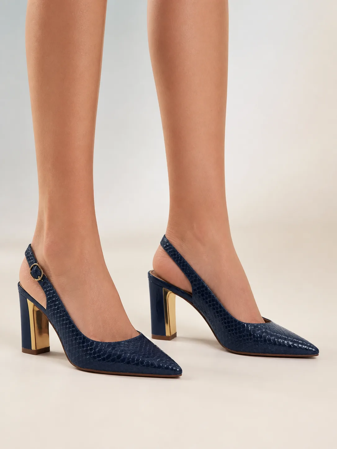 NAVY WOVEN TEXTURE BLOCK SLINGBACK PUMPS PRODUCT151B — photo 1