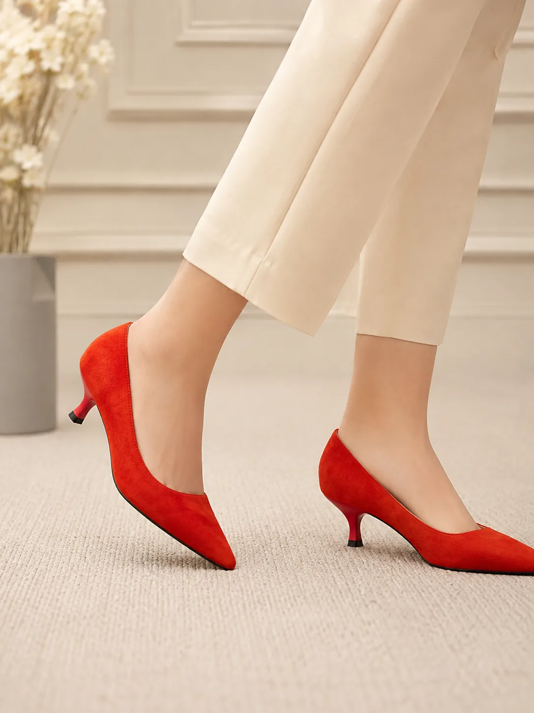 RED SUEDE POINTED KITTEN HEEL PUMPS PRODUCT1B