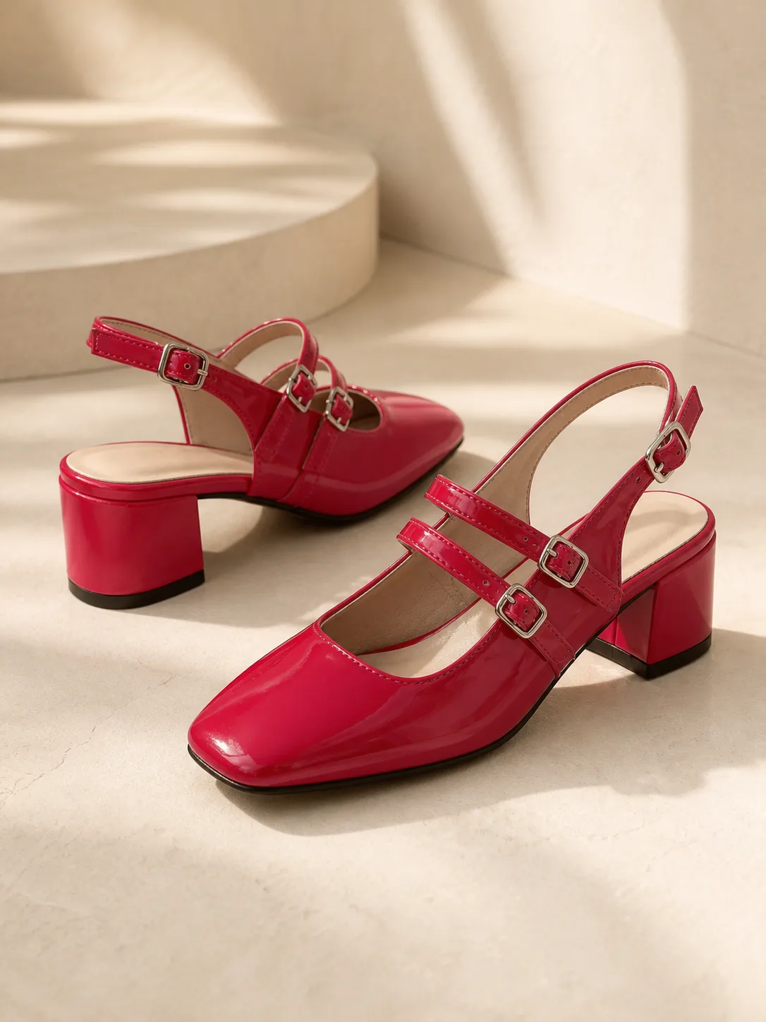 PINK PATENT DOUBLE STRAP MARY JANE BLOCK HEELS PRODUCT222
