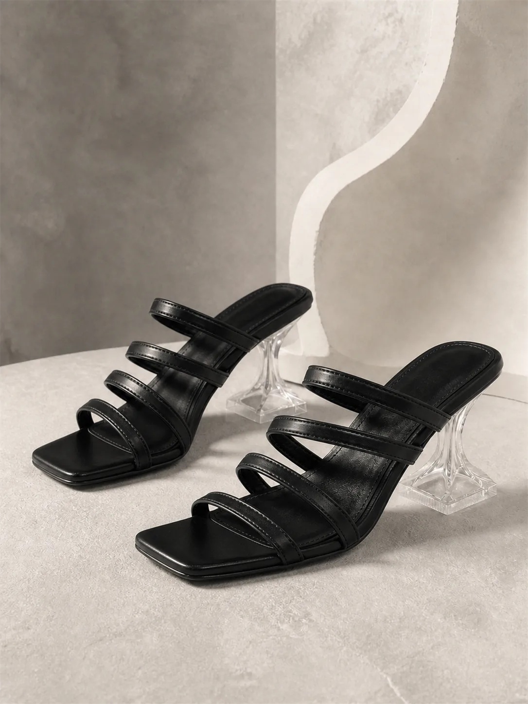 BLACK MULTI STRAP CLEAR HEEL MULES PRODUCT326