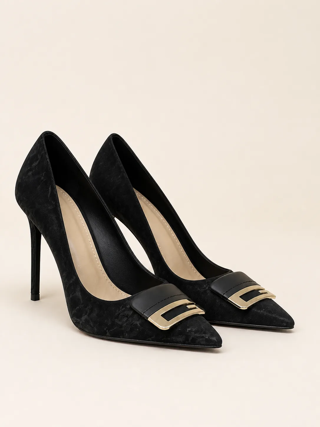 BLACK TEXTURED GOLD BUCKLE STILETTO PUMPS PRODUCT53