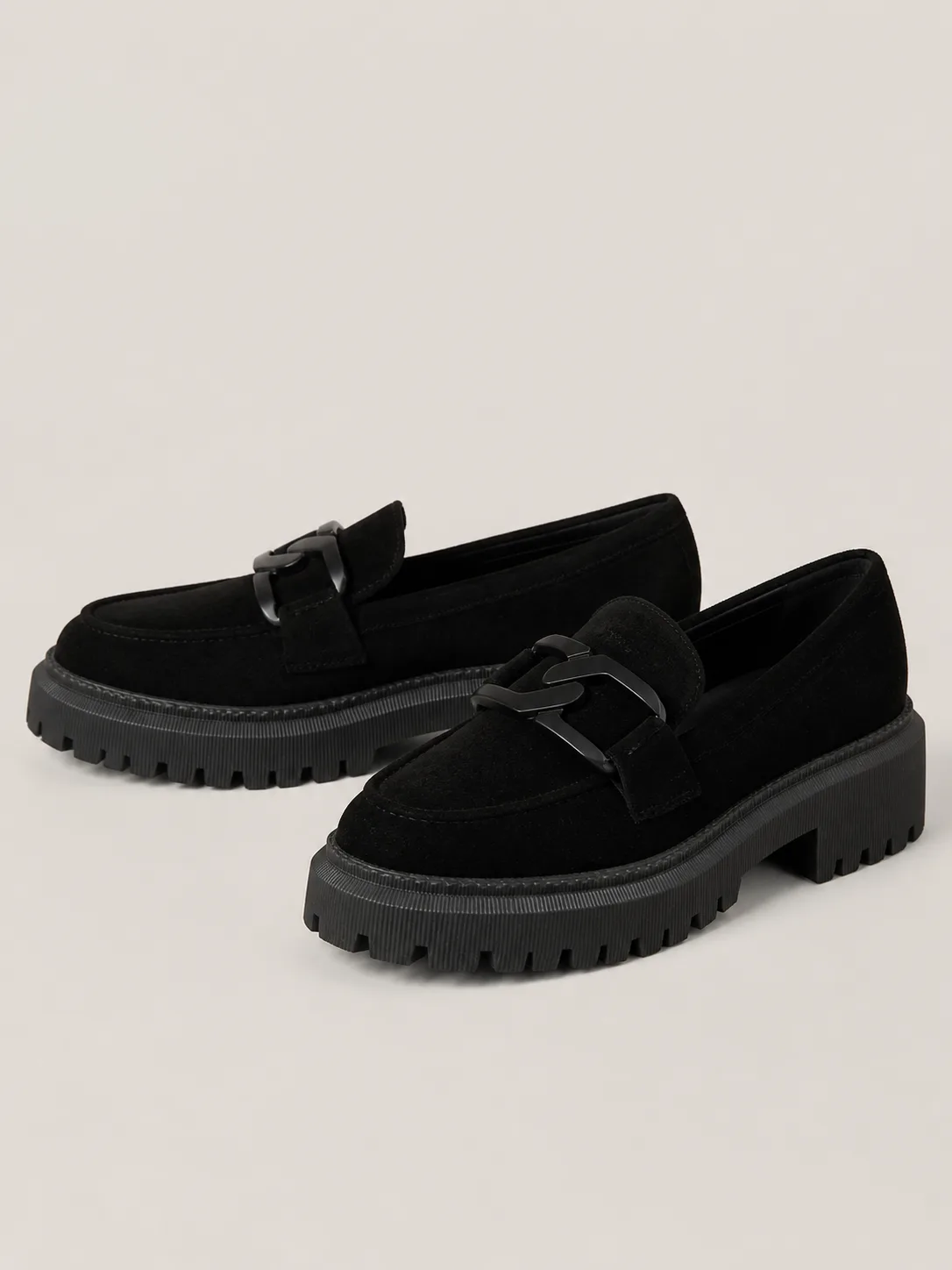 BLACK SUEDE CHAIN CHUNKY LUG SOLE LOAFERS PRODUCT159