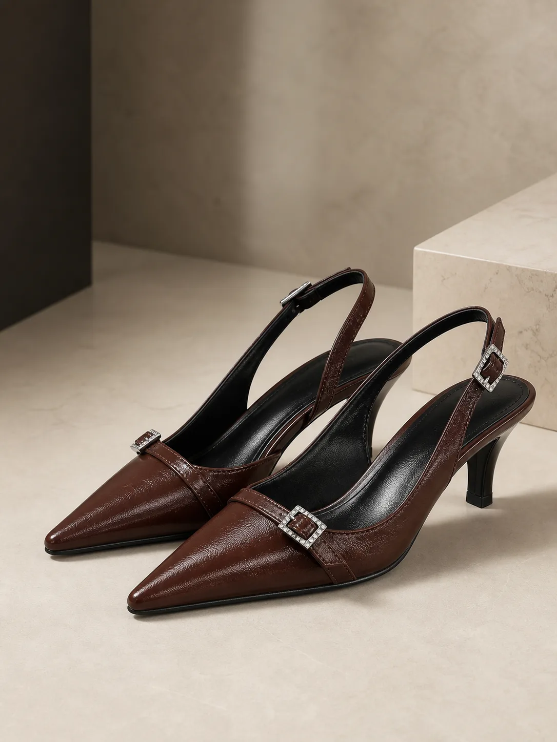 BROWN CRYSTAL BUCKLE SLINGBACK KITTEN HEELS PRODUCT164