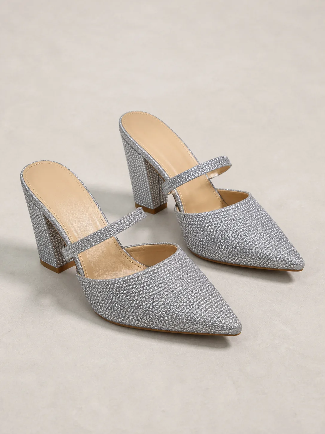 SILVER GLITTER CRYSTAL STRAP BLOCK HEEL MULES PRODUCT23