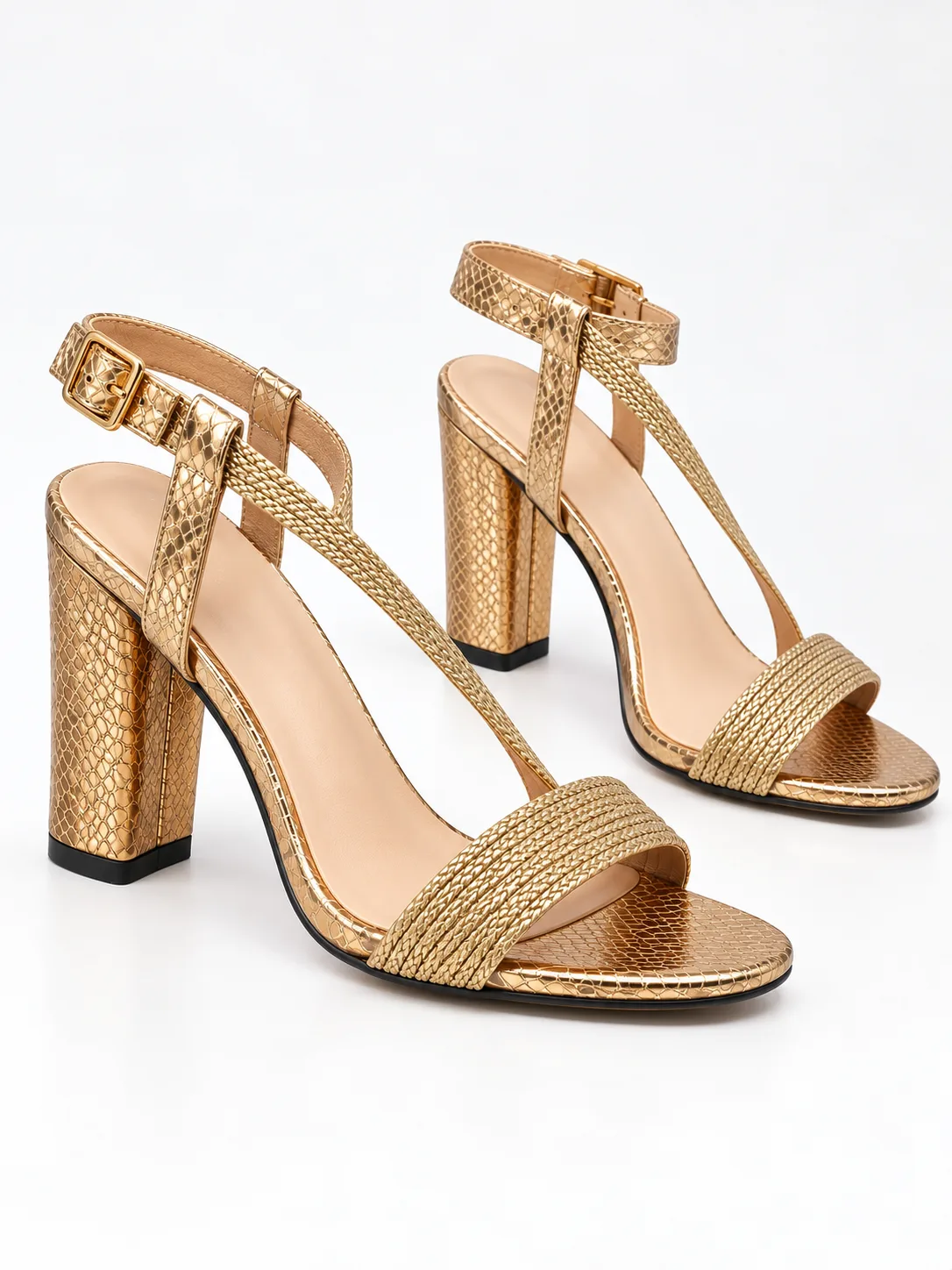 GOLD WOVEN TEXTURE BLOCK HEEL SANDALS 4131