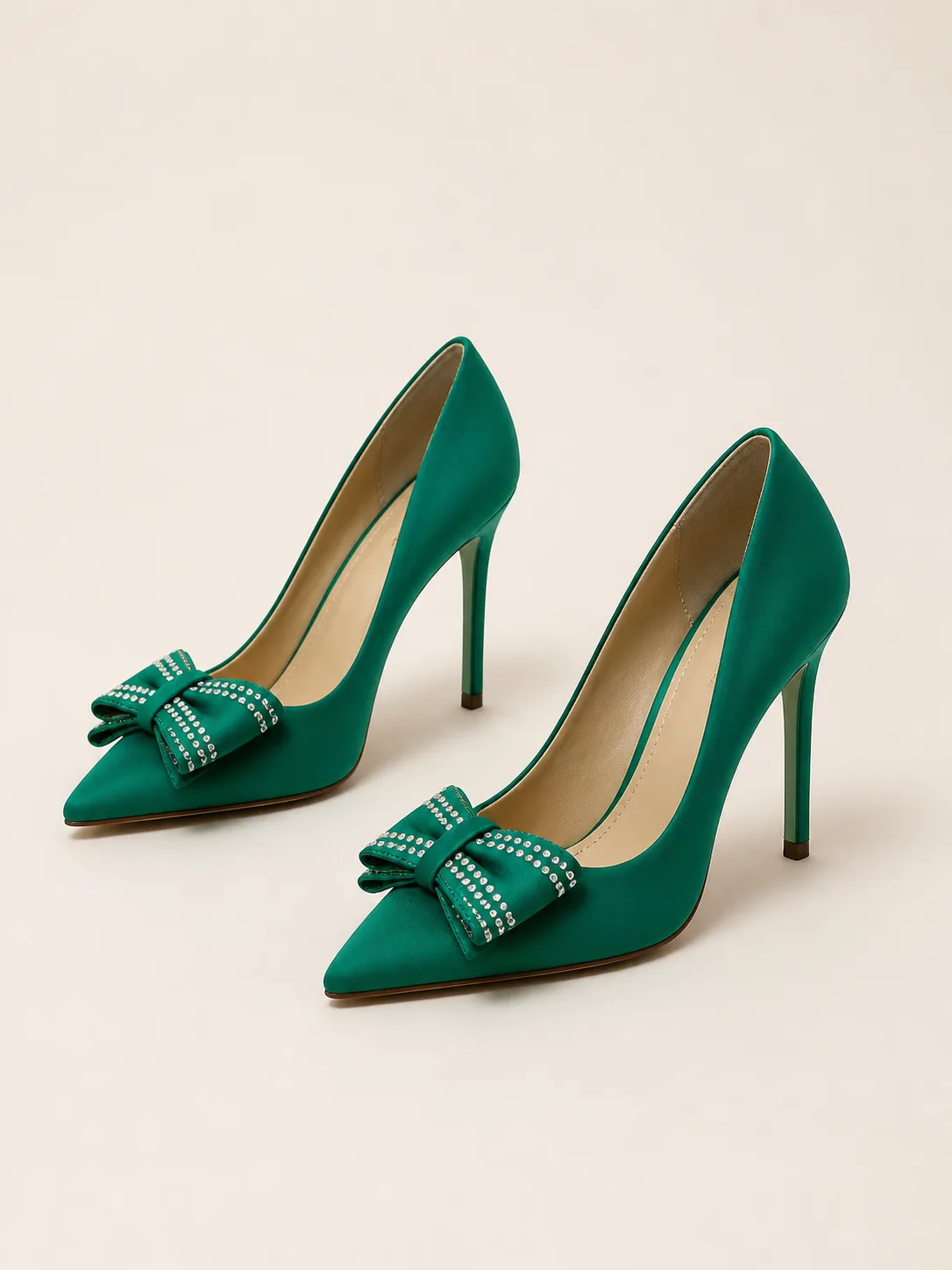 GREEN SATIN CRYSTAL BOW STILETTO PUMPS PRODUCT171