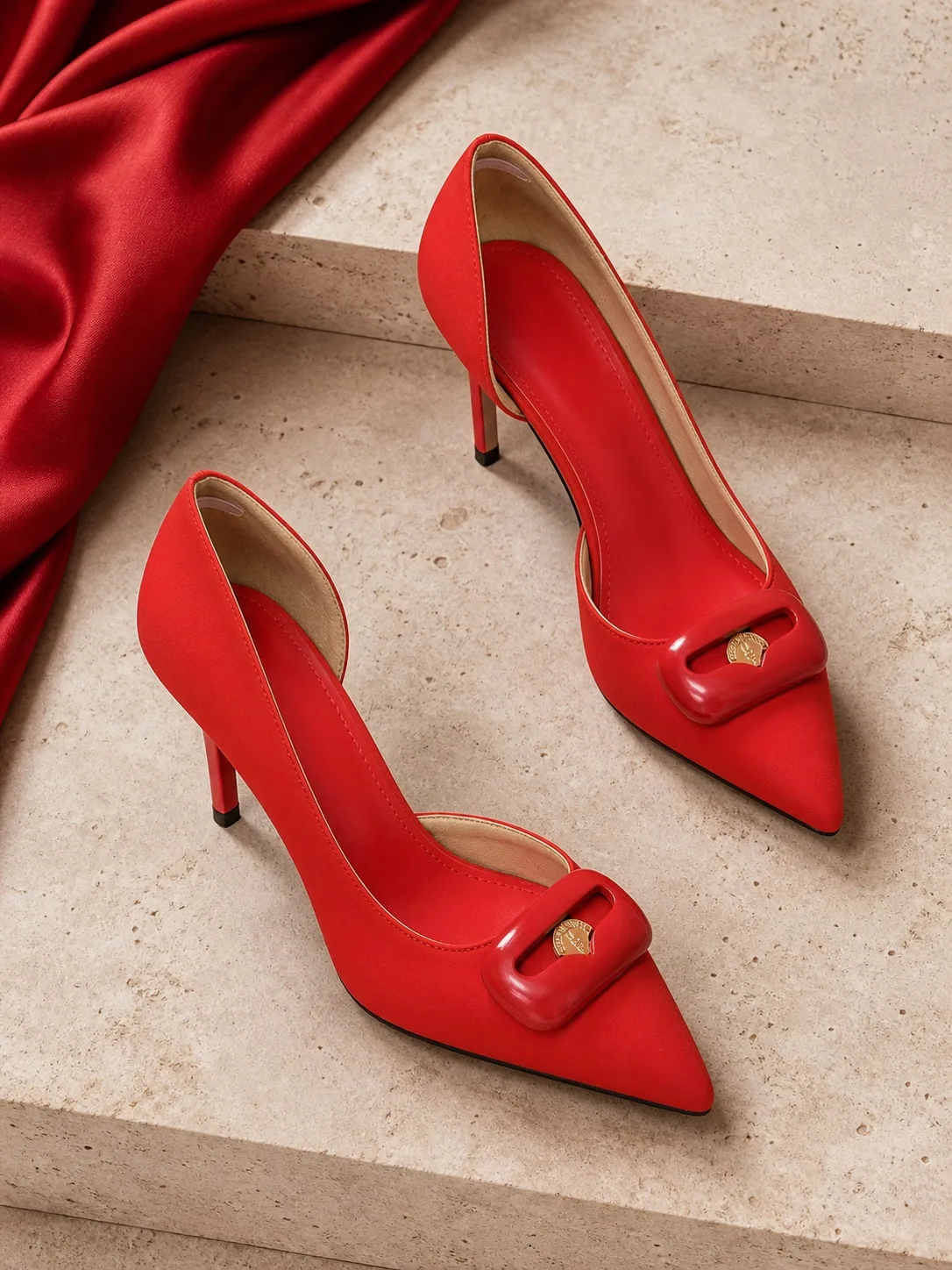 RED SQUARE BUCKLE POINTED STILETTO PUMPS PRODUCT47
