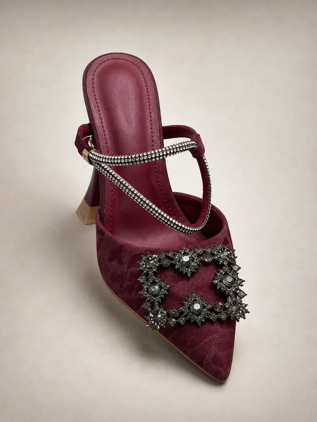 BURGUNDY CRYSTAL FLOWER BUCKLE MULES PRODUCT158B