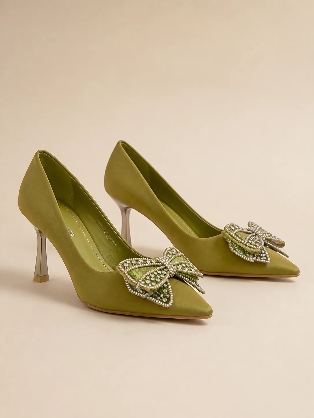 OLIVE CRYSTAL BOW POINTED PUMPS PRODUCT259