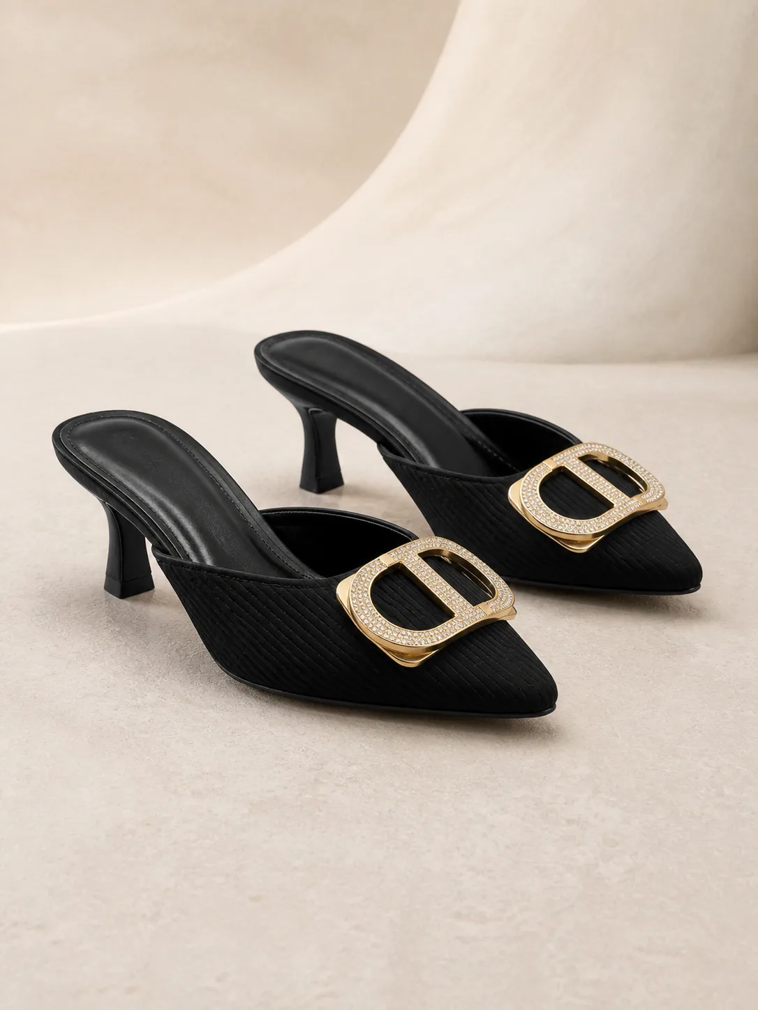BLACK TEXTURED GOLD BUCKLE POINTED MULES PRODUCT123B