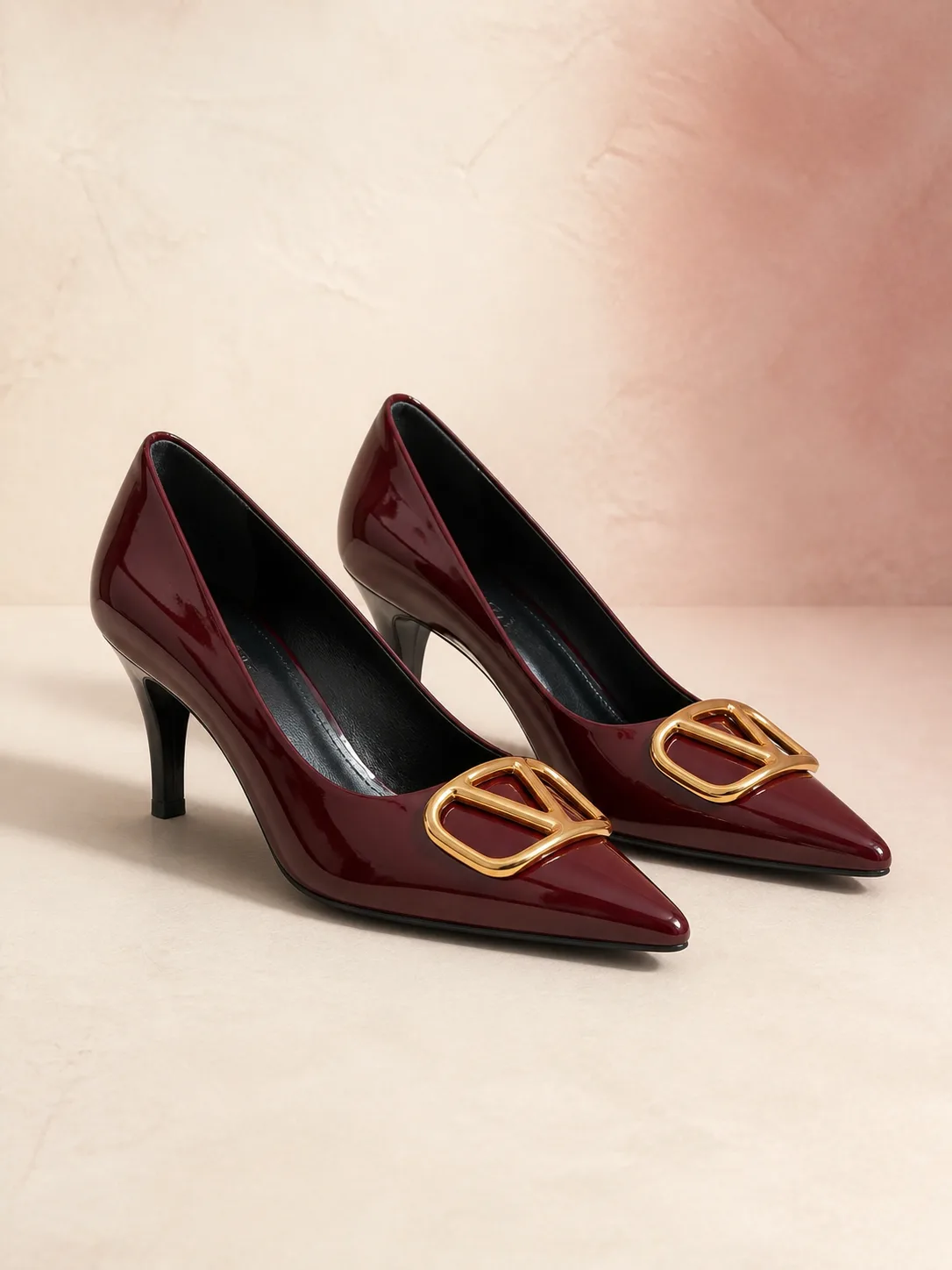 BURGUNDY PATENT GOLD V BUCKLE PUMPS PRODUCT141