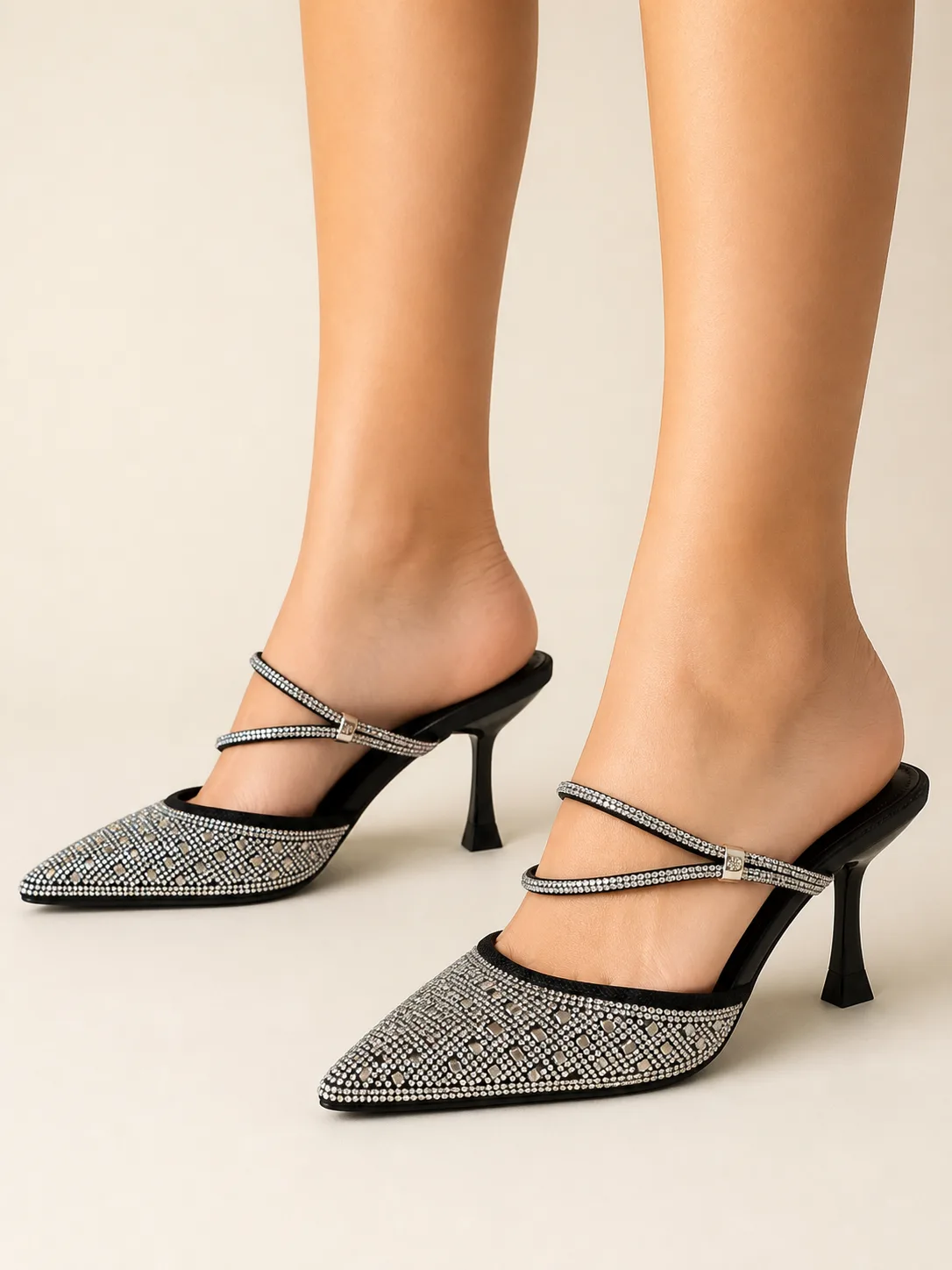 BLACK CRYSTAL EMBELLISHED POINTED MULES PRODUCT33 — photo 1