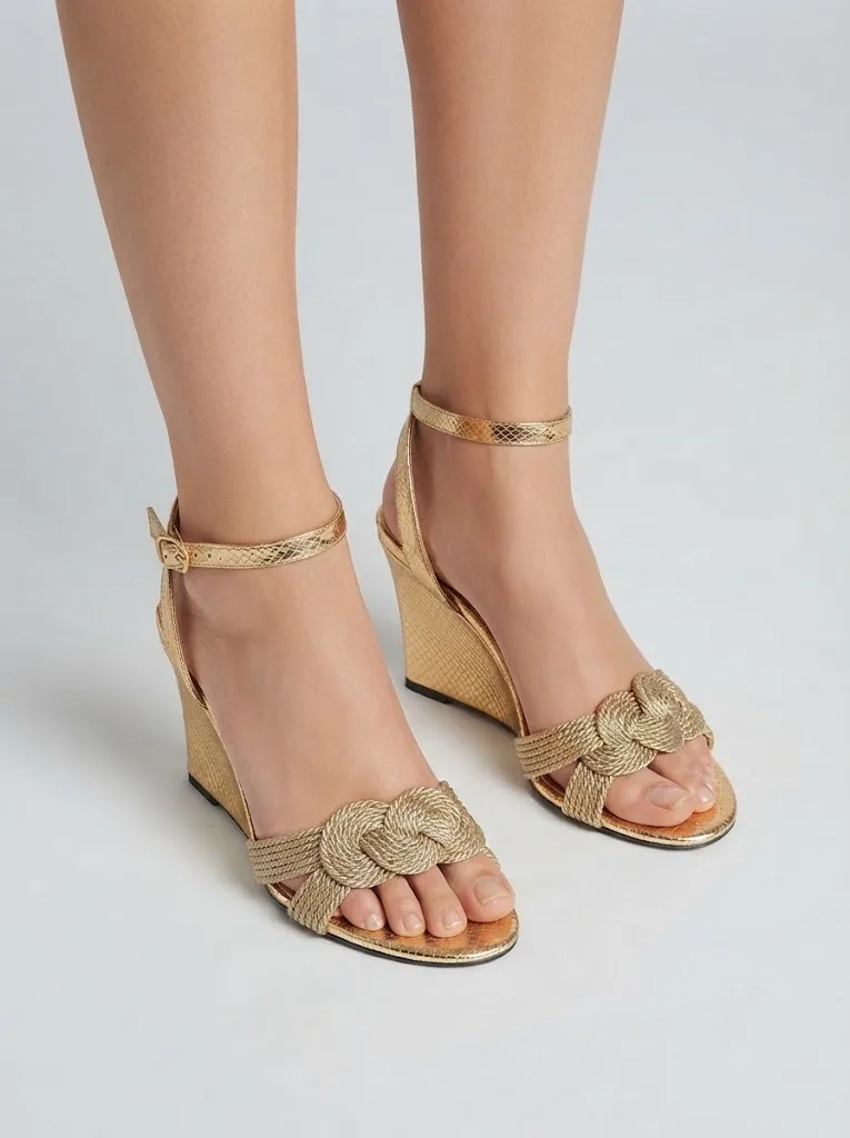 BEIGE WOVEN ROSETTE WEDGE SANDALS 4129