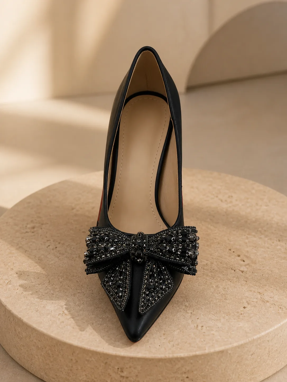 BLACK BEADED BOW POINTED PUMPS PRODUCT269
