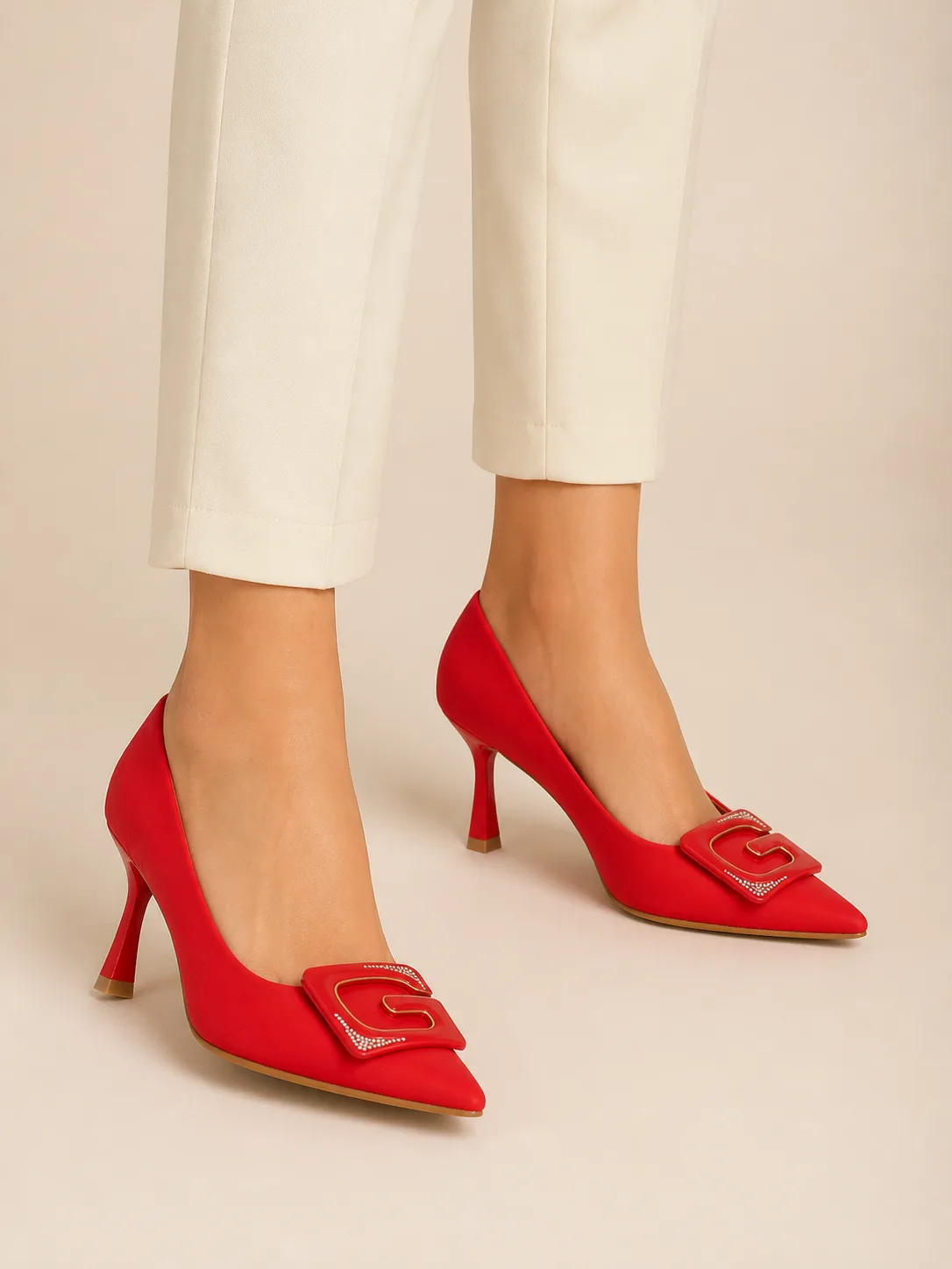 RED SATIN GOLD SQUARE BUCKLE PUMPS PRODUCT266 — photo 1