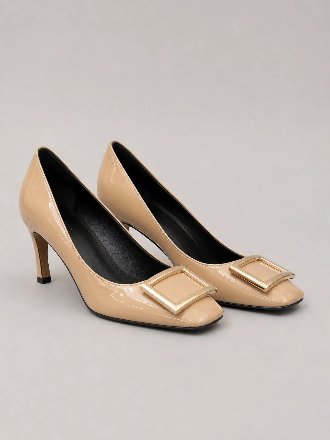 NUDE PATENT GOLD BUCKLE SQUARE TOE PUMPS PRODUCT