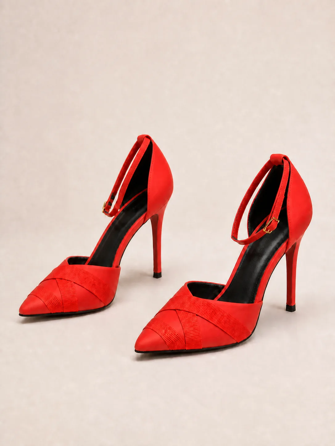 RED SATIN PLEATED ANKLE STRAP STILETTOS PRODUCT175