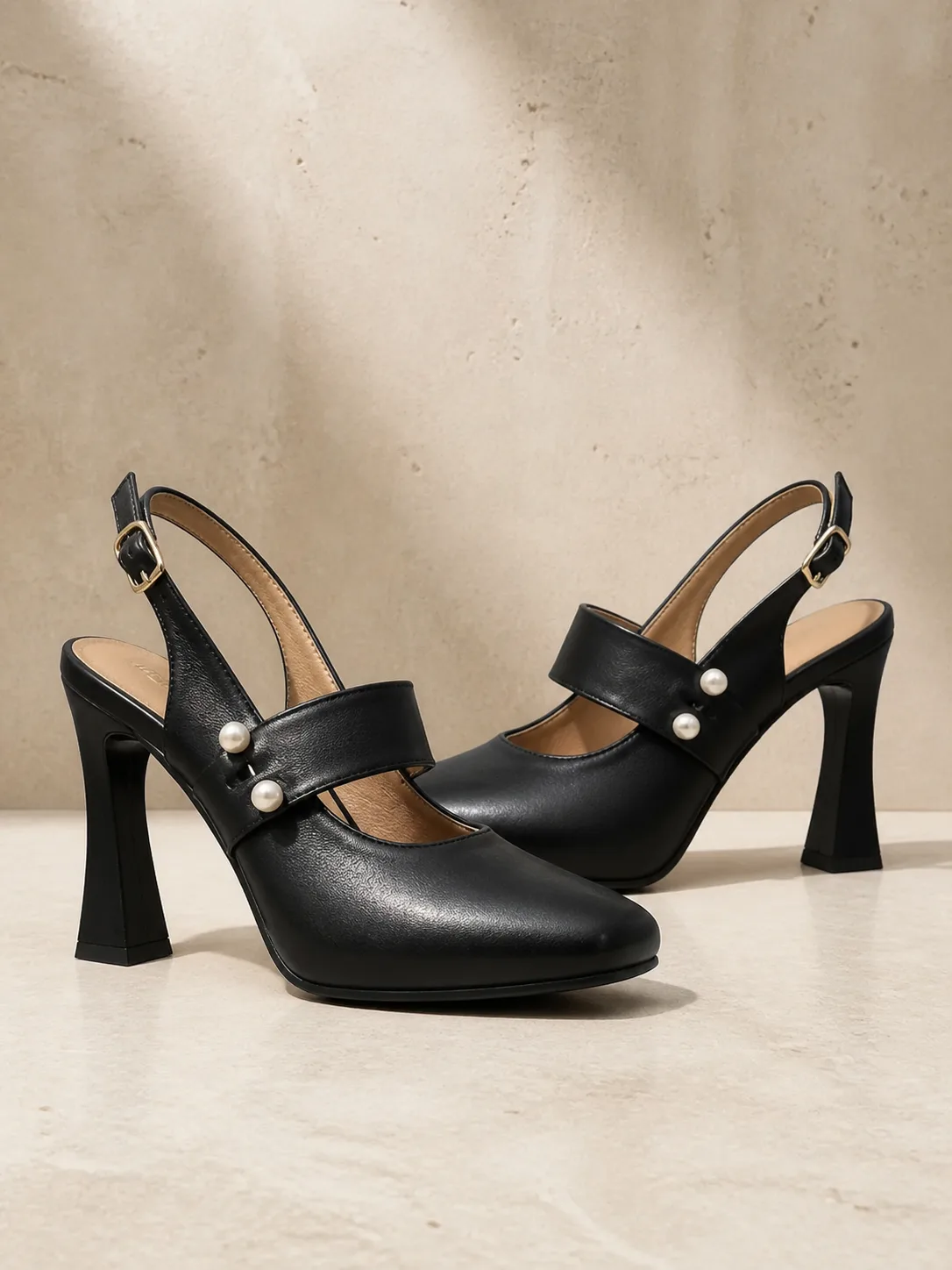 BLACK PEARL STRAP SLINGBACK FLARED HEELS PRODUCT152