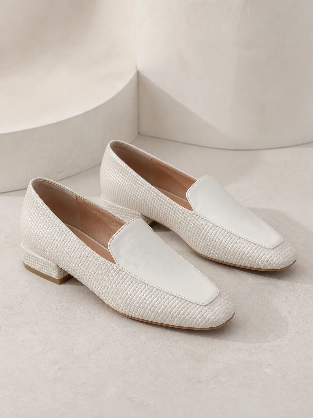 IVORY WOVEN TEXTURE BLOCK HEEL LOAFERS PRODUCT134B