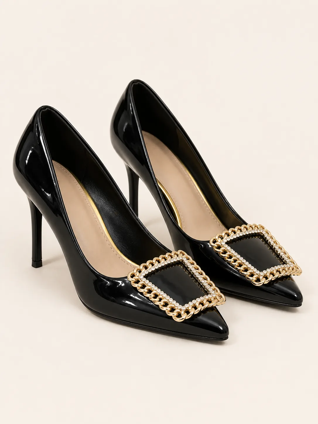 BLACK PATENT GOLD CHAIN BUCKLE STILETTO PUMPS PRODUCT67