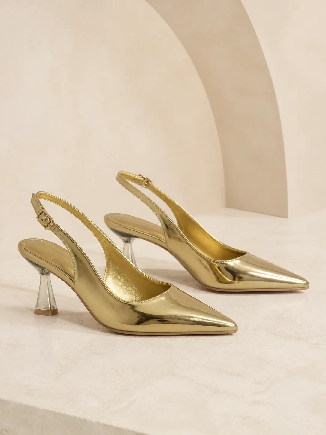 GOLD MIRROR CLEAR HEEL SLINGBACK PUMPS PRODUCT178