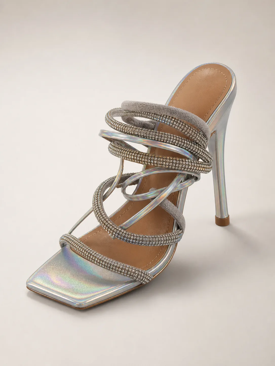 SILVER IRIDESCENT RHINESTONE STRAP MULES PRODUCT327