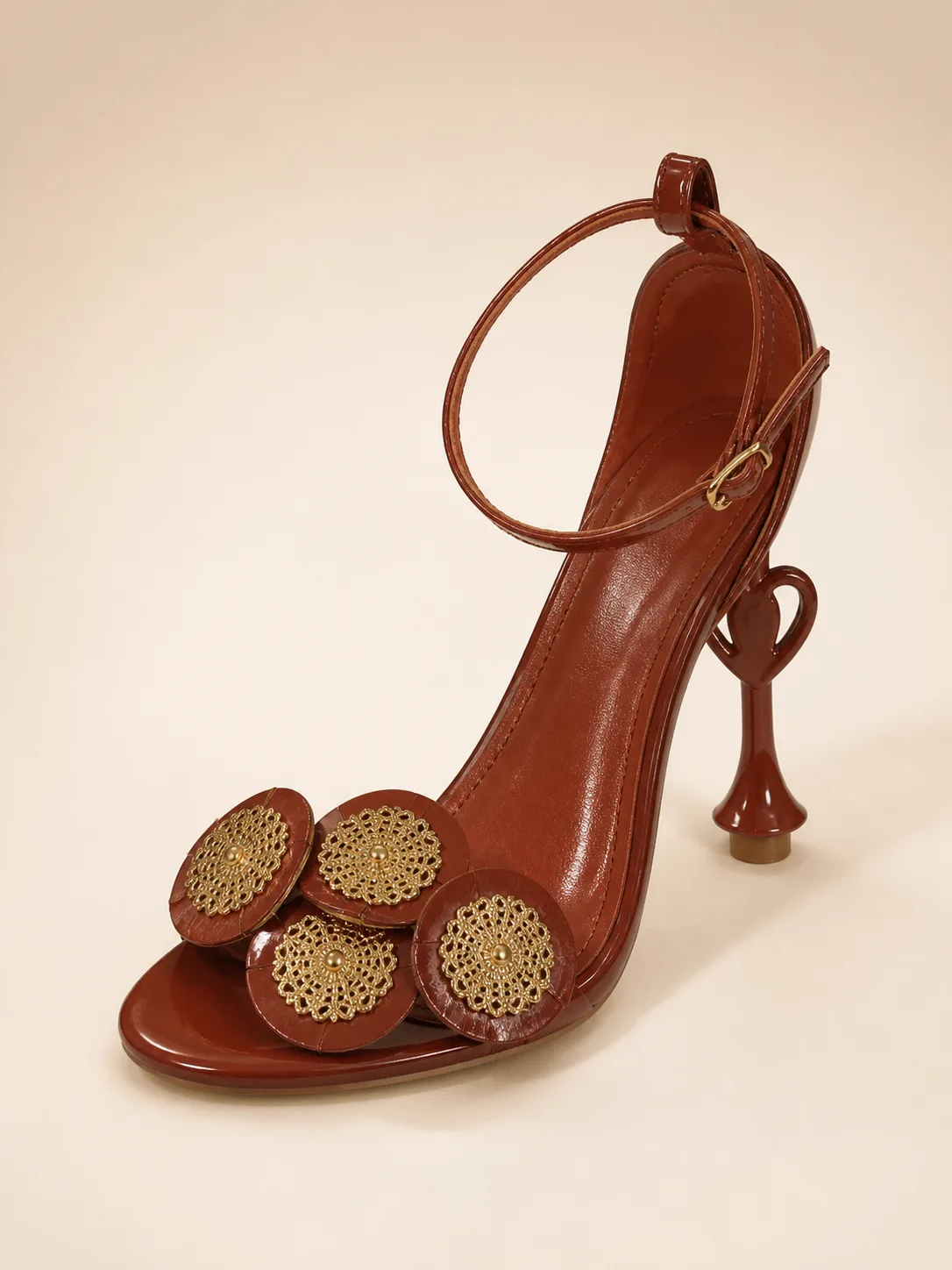 TAN GOLD MEDALLION SPOOL HEEL SANDALS PRODUCT316