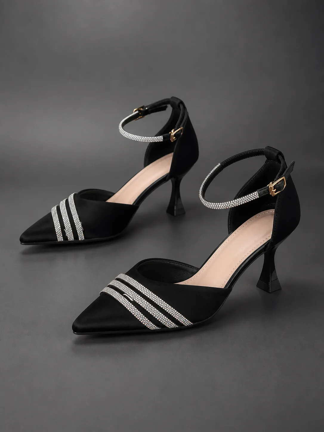 BLACK CRYSTAL STRIPE ANKLE STRAP HEELS PRODUCT120