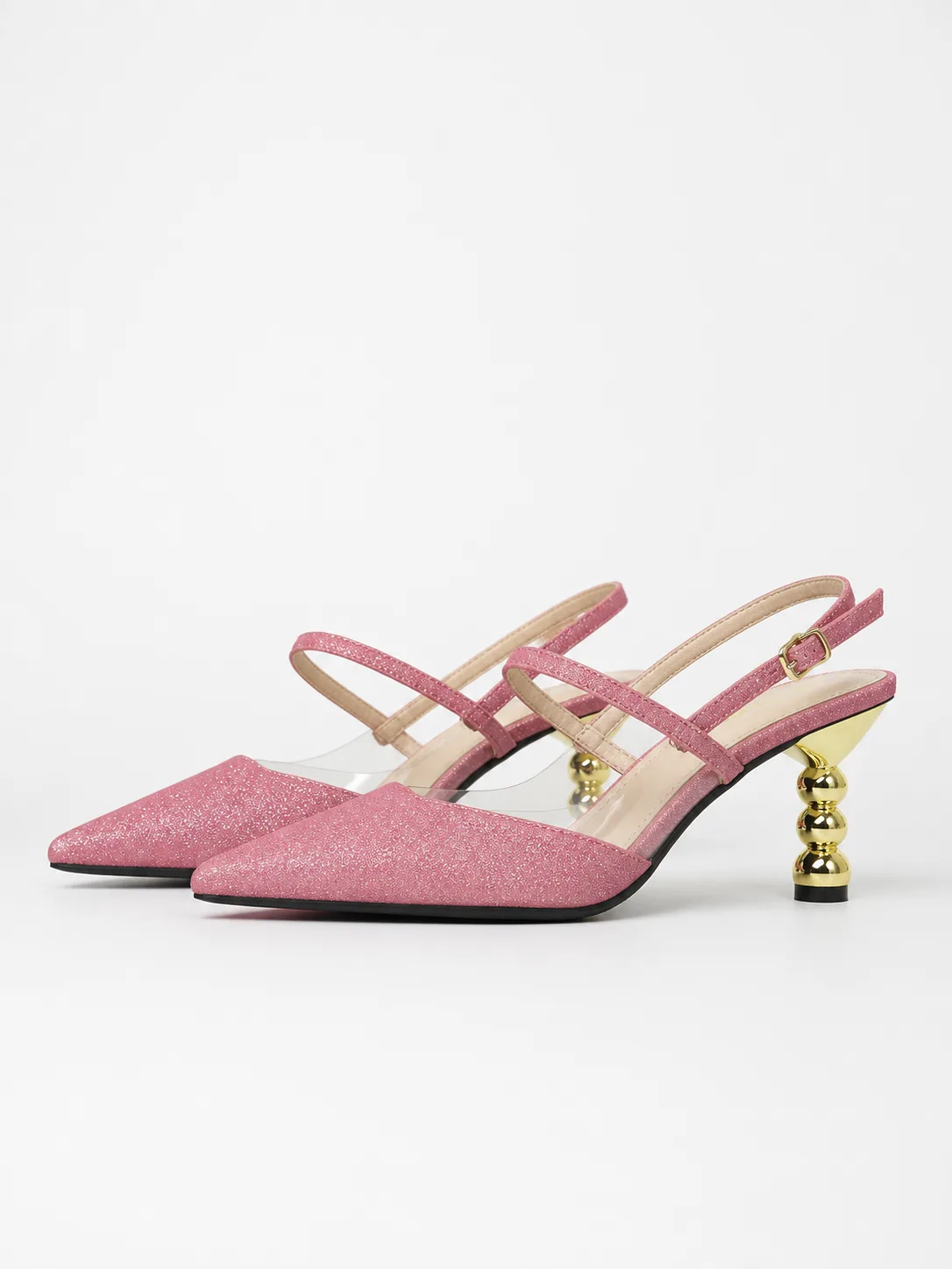PINK GLITTER CLEAR STRAP ORNAMENTAL HEEL MULES PPRODUCT30
