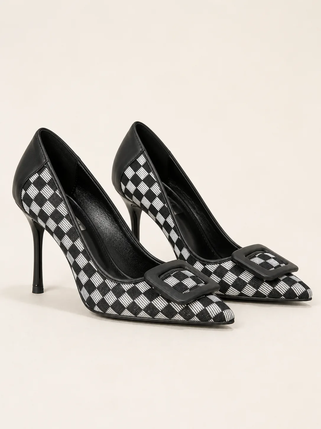 BLACK WHITE CHECK BUCKLE STILETTO PUMPS PRODUCT79