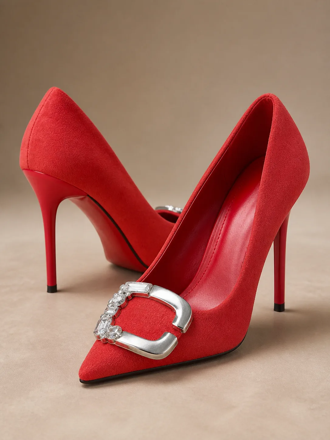RED SUEDE CRYSTAL BUCKLE STILETTO PUMPS PRODUCT155