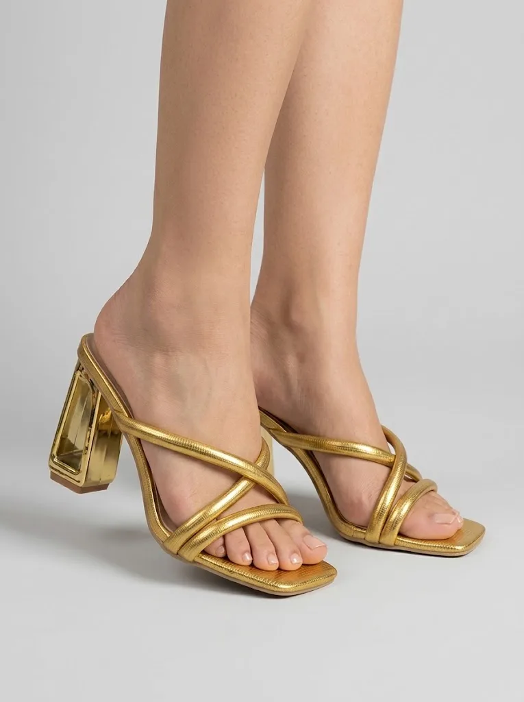 GOLD CROSS STRAP WINDOW HEEL MULES 424