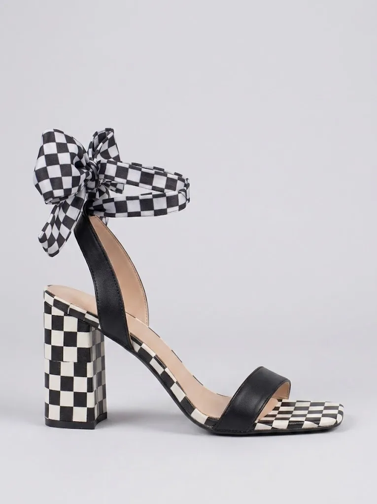 BLACK CHECKERBOARD RIBBON BLOCK HEEL SANDALS 4014 — photo 1