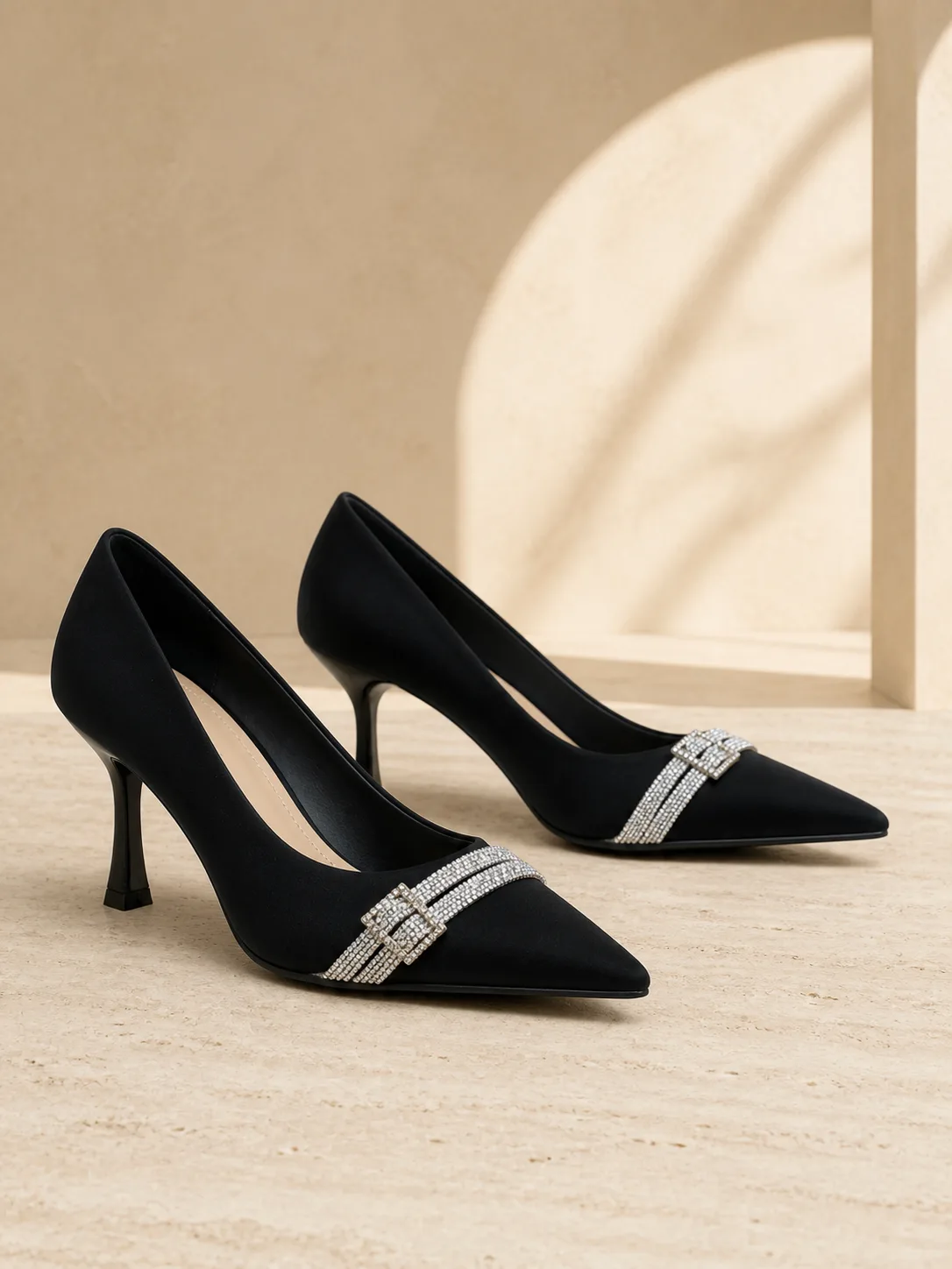 BLACK SATIN RHINESTONE STRIPE PUMPS PRODUCT267