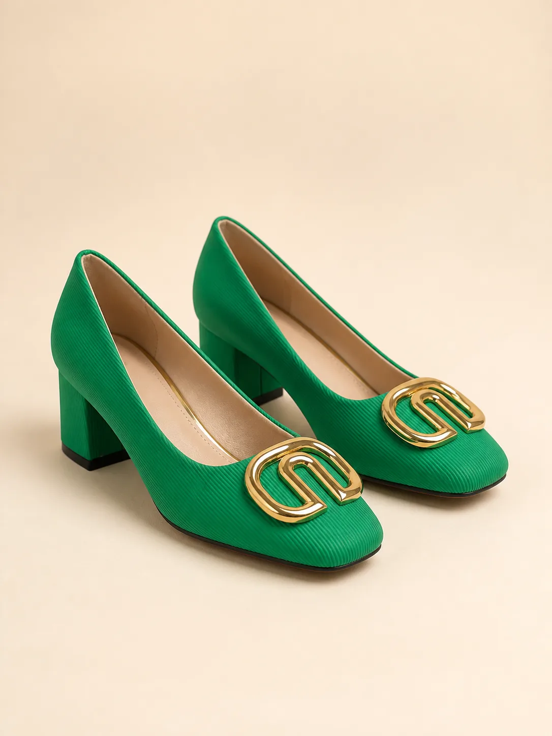 GREEN GOLD ORNAMENT SQUARE TOE BLOCK HEELS PRODUCT129