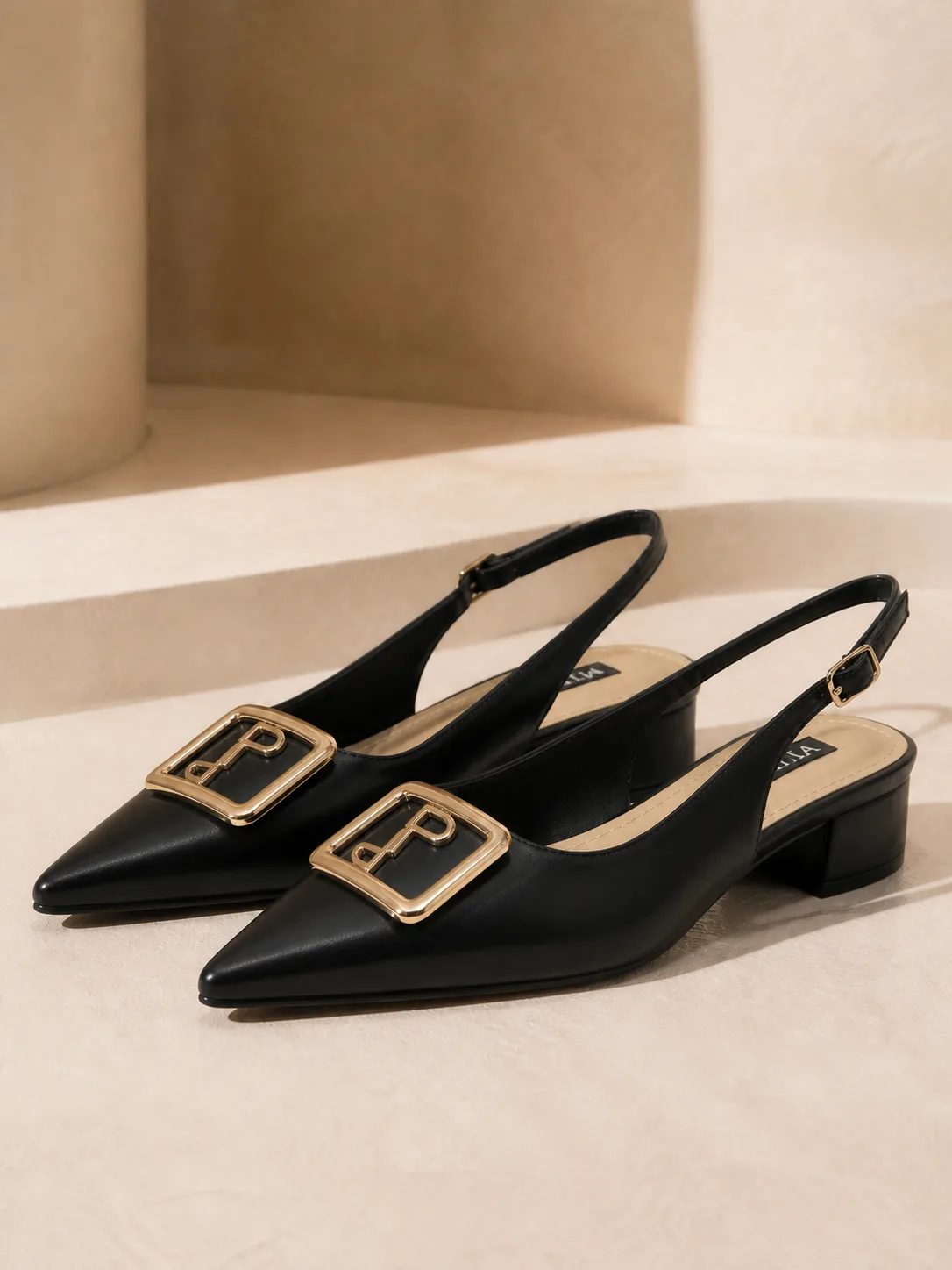 BLACK PIN BUCKLE POINTED SLINGBACK HEELS PRODUCT205