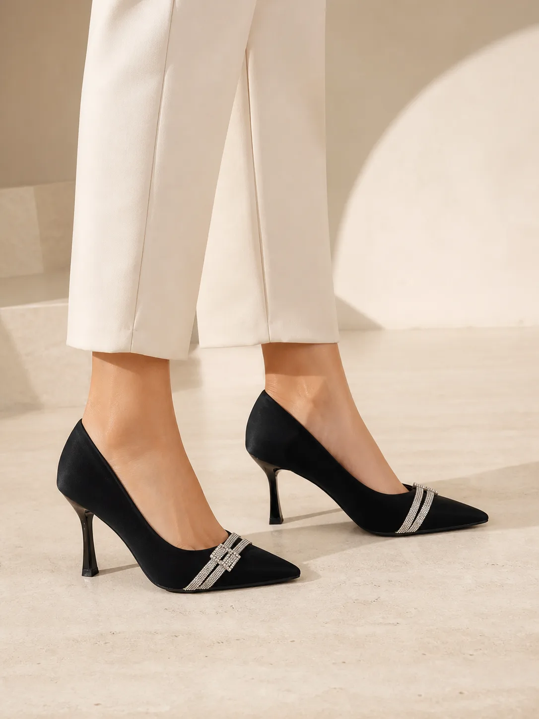 BLACK SATIN RHINESTONE STRIPE PUMPS PRODUCT267 — photo 1