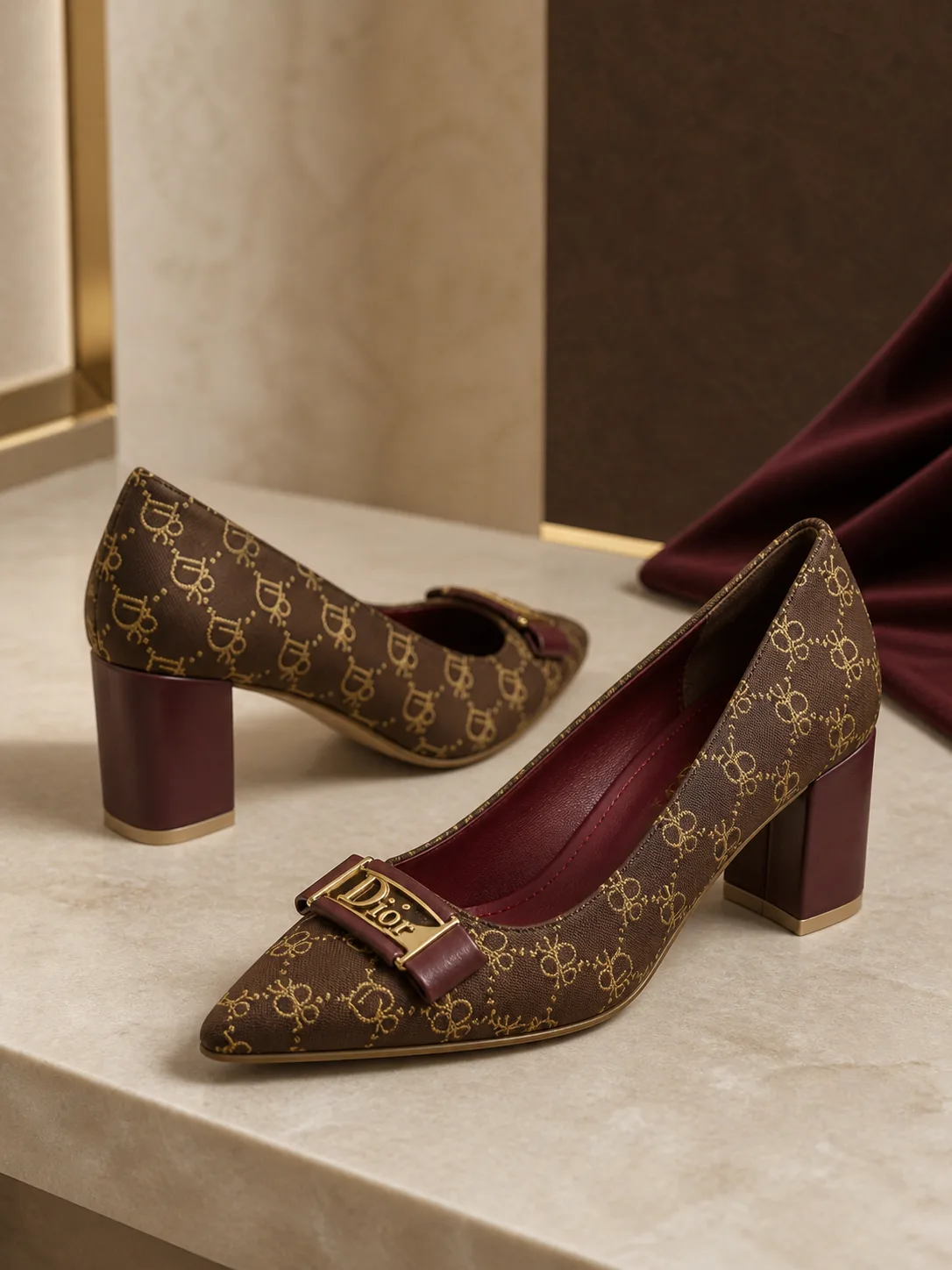 BROWN MONOGRAM PRINT GOLD BUCKLE BLOCK HEELS PRODUCT177