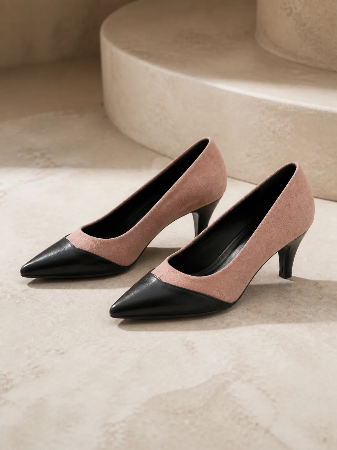 DUSTY PINK BLACK CAP TOE KITTEN PUMPS PRODUCT191