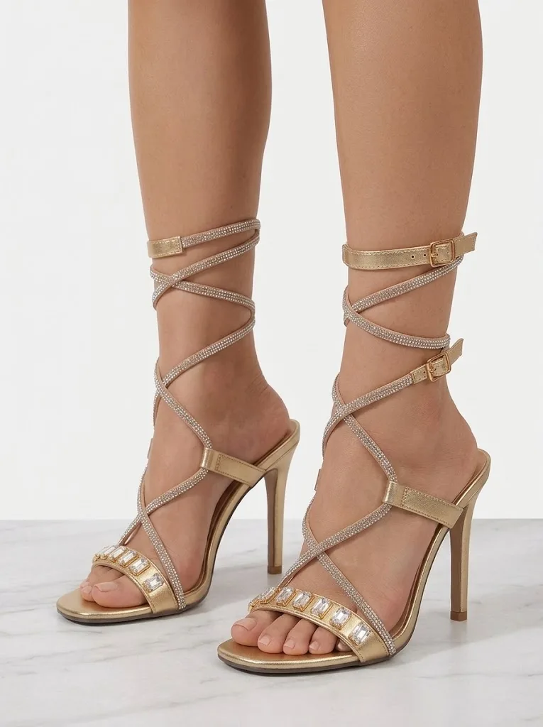 GOLD PEARL LACE UP STILETTO SANDALS 210