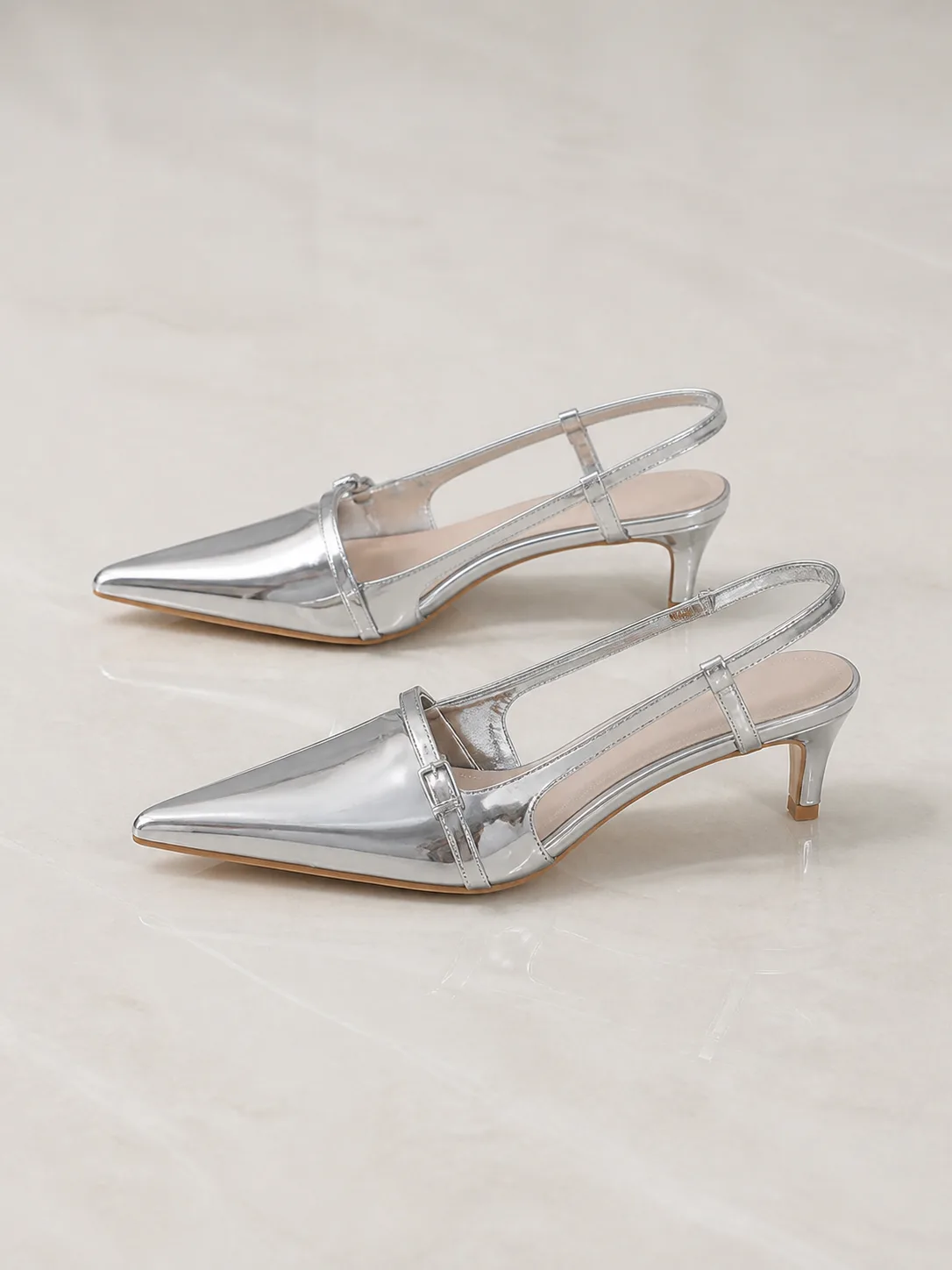 SILVER MIRROR STRAP SLINGBACK KITTEN HEELS PRODUCT215