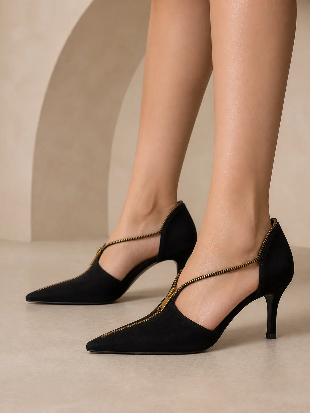 BLACK SUEDE GOLD ZIP TRIM KITTEN HEELS PRODUCT188 — photo 1