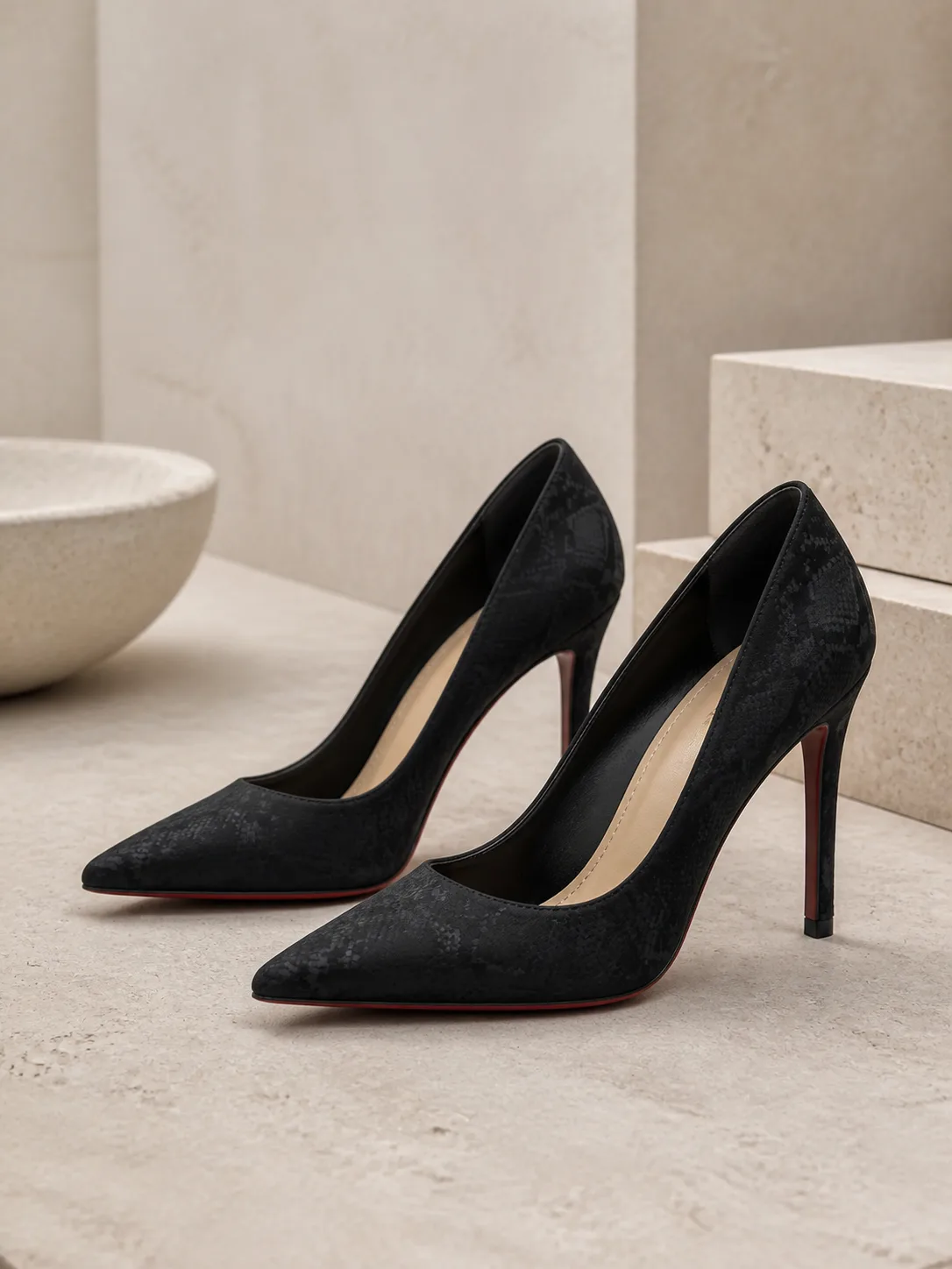 BLACK TEXTURED POINTED STILETTO PUMPS PRODUCT150