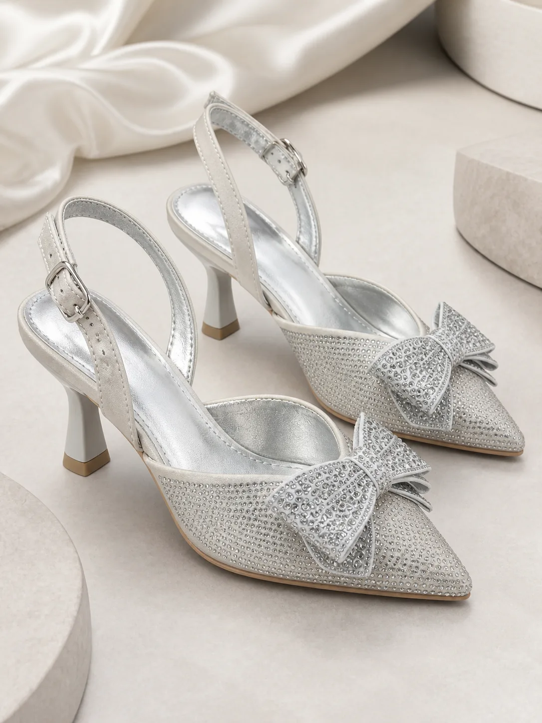 SILVER CRYSTAL BOW SLINGBACK HEELS PRODUCT176