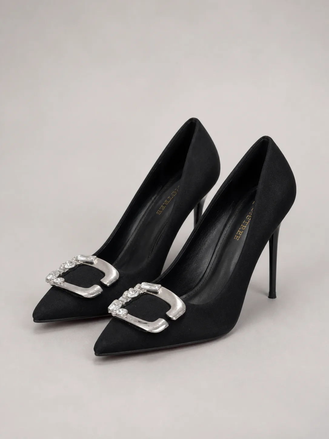 BLACK SATIN CRYSTAL BUCKLE STILETTO PUMPS PRODUCT2